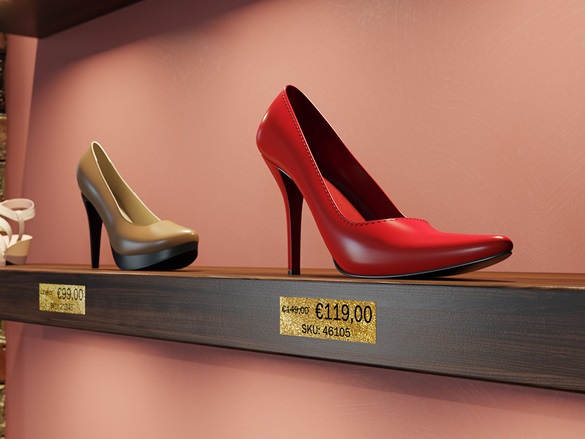 Brother premium glitter black on gold label attached on shelf edge showing price of shoes 